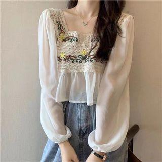 Square-neck Crochet Panel Cropped Blouse