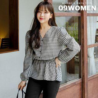Plus Size Band-waist Plaid Peplum Blouse