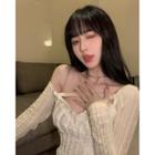 Long-sleeve Off-shoulder Asymmetrical Crop Top Beige - One Size