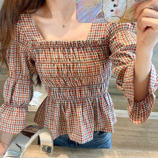 3/4-sleeve Check Shirred Peplum Top Plaid - Red & Blue - One Size