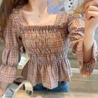 3/4-sleeve Check Shirred Peplum Top Plaid - Red & Blue - One Size