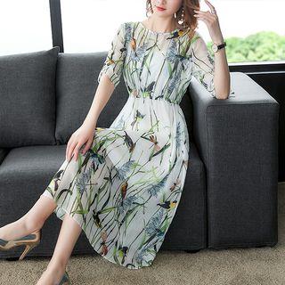Bird Print Short-sleeve A-line Midi Chiffon Dress
