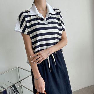 Cap-sleeve Stripe-panel Polo Shirt