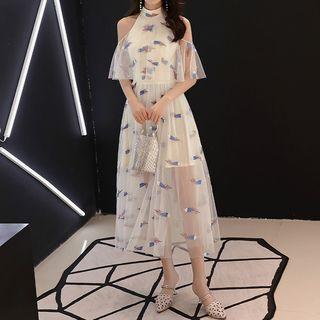 Halter Mesh Panel Embroidered Evening Dress