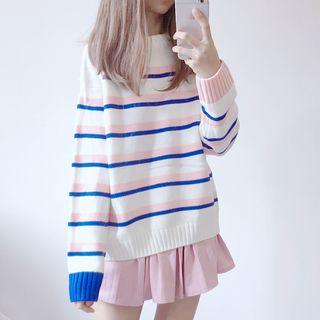Color-block Stripe Long-sleeve Knit Sweater As Shown In Figure - One Size