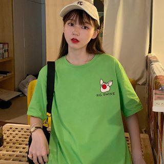 Elbow-sleeve Pig-print T-shirt