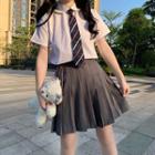 Set: Short-sleeve Shirt + Mini A-line Pleated Skirt + Tie