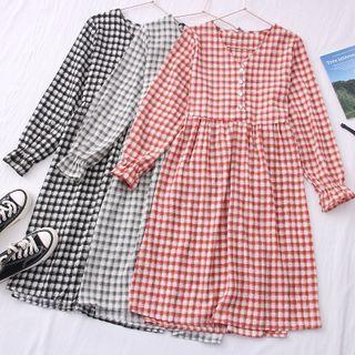 Tie-waist Checker V-neck Midi Dress