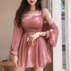 Set: Shirred Camisole Top + Cardigan + Wide Leg Shorts