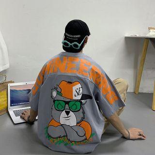 Short-sleeve Lettering Cartoon Bear Print T-shirt