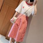 Set: Elbow-sleeve Strawberry Print T-shirt + Checker A-line Midi Skirt Set Of 2 - Pink - One Size