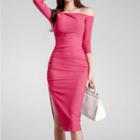 3/4-sleeve Off Shoulder Slit Sheath Dress