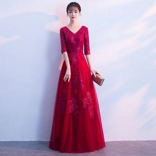 Elbow Sleeve V-neck Lace Evening Gown
