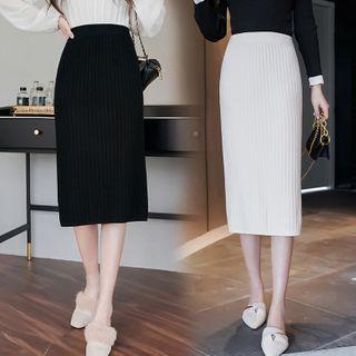 Slit Midi Straight-fit Rib Knit Skirt
