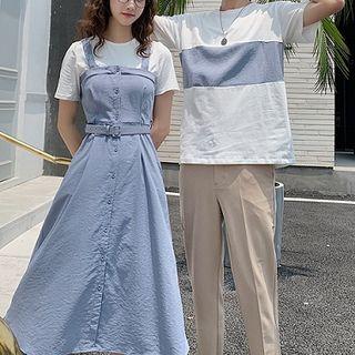 Couple Matching Color-block Crewneck Short-sleeve Top / Set: Plain Crewneck Short-sleeve Top + Plain Strap Dress