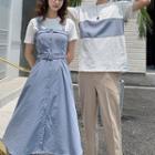 Couple Matching Color-block Crewneck Short-sleeve Top / Set: Plain Crewneck Short-sleeve Top + Plain Strap Dress