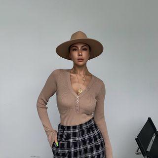 V-neck Plain Button-up Ribbed Knit Top