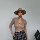 V-neck Plain Button-up Ribbed Knit Top