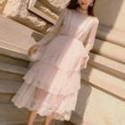Set: Long-sleeve Sequined Midi Layered Mesh Dress + Slipdress