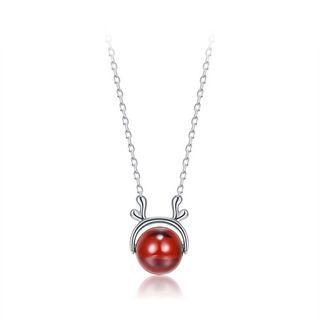 925 Sterling Silver Simple Fashion Deer Necklace With Red Garnet Silver - One Size