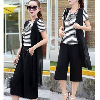 Set: Long Vest + Short-sleeve Top + Cropped Wide-leg Pants