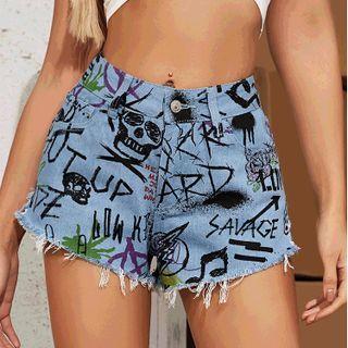 Skull Print Denim Hot Pants