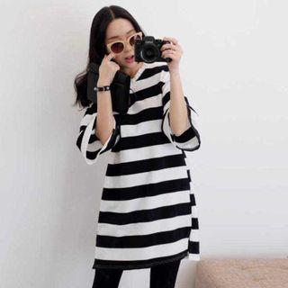 Striped Elbow Sleeve Bow Accent T-shirt Dress
