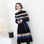 Mock-neck Contrast-trim Knit Dress With Sash