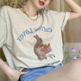 Short-sleeve Rabbit Print T-shirt Gray - One Size