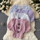 Round-neck Pearl Puff-sleeve Chiffon Top