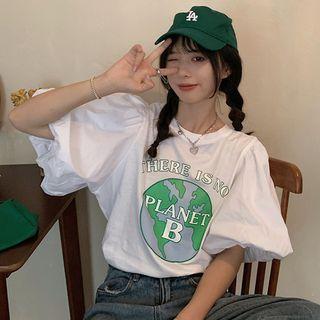 Puff-sleeve Earth Print T-shirt