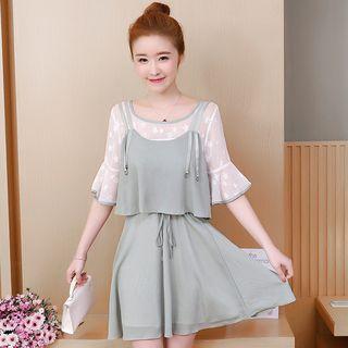 Mock Two Piece Elbow Sleeve Chiffon Dress