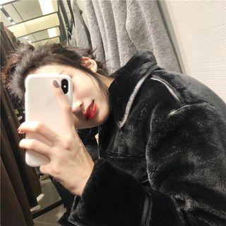 Plain Furry Loose-fit Jacket Black - One Size