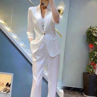 Set: Elbow-sleeve Pinstriped Blazer + Dress Pants