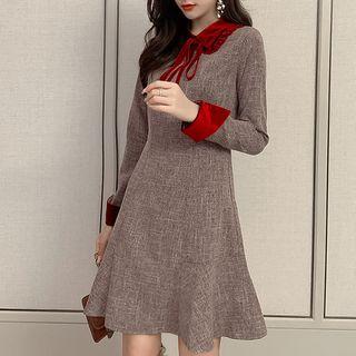 Long-sleeve Velvet Detail A-line Dress