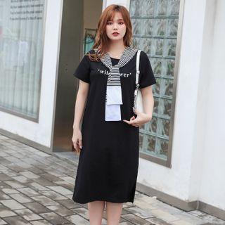 Set: Short-sleeve Lettering Mini T-shirt Dress + Striped Shawl