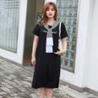 Set: Short-sleeve Lettering Mini T-shirt Dress + Striped Shawl