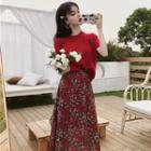 Short-sleeve Knit Top / Midi Floral A-line Skirt