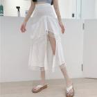 Asymmetric Lace Trim Slit Midi A-line Skirt