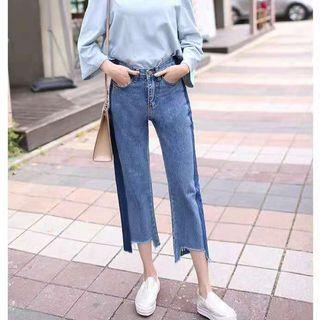 Mid Waist Patched Crop Straight Leg Jeans