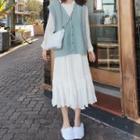 Set: Long-sleeve Plain Dress + Sleeveless Knit Top