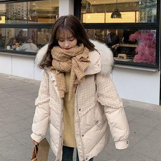 Furry Trim Hooded Tweed Panel Parka