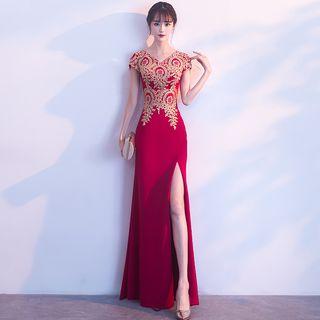 Patterned Short Sleeve Side Slit Evening Gown