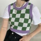 Checkered Sweater Vest Green & White & Purple - One Size