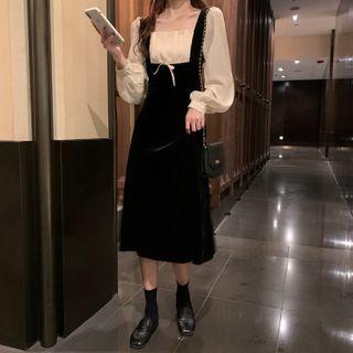 Puff-sleeve Shirred Paneled Midi A-line Dress