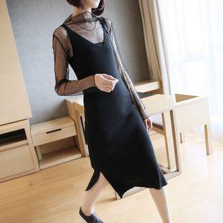 Set : V-neck Knit Tank Dress + Long-sleeve Mesh Dress