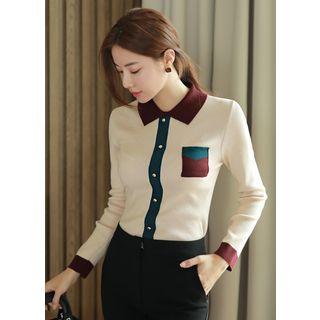 Pocket-front Color-block Knit Top