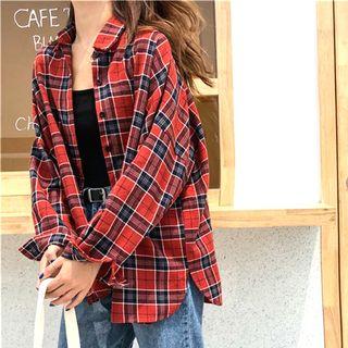 Long Sleeve Plaid Shirt Red - One Size