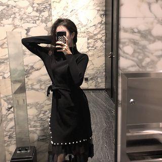 Set Of 2: Long-sleeve Knit Dress + Mesh Skirt Black - One Size