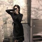 Set Of 2: Long-sleeve Knit Dress + Mesh Skirt Black - One Size